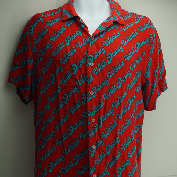 Disney Parks Men’s Walt Disney World Retro Button-Down Shirt Red Teal Size Large - Picture 2 of 5